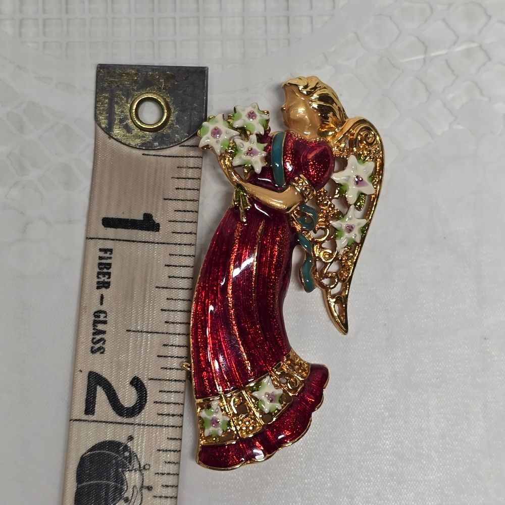 Christopher Radko Christmas Angel Brooch Gold Tone Red Enamel Signed Rare VTG - Picture 9 of 9